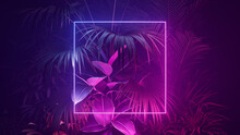 Tropical Plants Illuminated With Blue And Pink Fluorescent Light. Exotic Environment With Square Shaped Neon Frame.