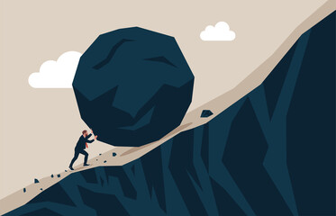 Strong businessman pushing huge stone up the hill. Business problem crisis hardship and burden concept. Vector Illustration.
