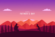 Happy Father's Day Background. Silhouette Of Father And Son In The Mountains Vector Illustration