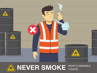 Wall Mural - Fire safety activity. Never smoke near flammable liquids warning design. Young male worker smoking in explosive and flammable area. Flat vector illustration template.