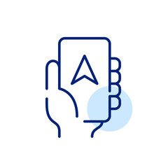 Hand holding a smartphone with a navigation app on it. Pixel perfect, editable stroke line art icon