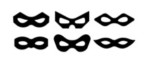 Carnival Mask For Bandit Or Superhero Vector Icon Set. Black Masquerade Costume Eye Mask Silhouette Hidden Villain Or Burgar Person Face. Simple Design Incognito Masque Shape Clip Art Illustration.