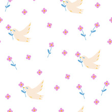 Pigeon And Flowers Seamless Pattern. Background With Birds, Flowers, Leaves, Berries. For Textiles, Clothing, Bed Linen, Wallpaper, Wrapping Paper, Poster Template. Hand Drawn Vector Illustration.