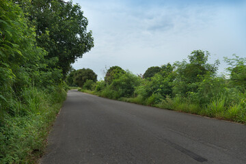 Road ahead of the new asphalt road. Beside with green grass and green trees. under the sky.