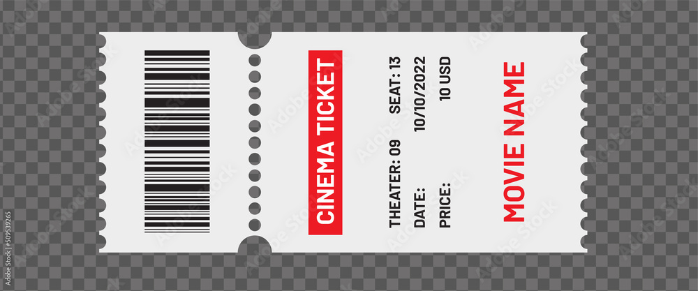 Cinema ticket isolated on transparent background. Template with barcode ...