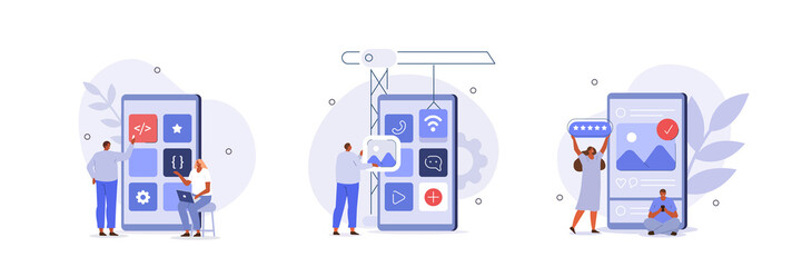 Wall Mural - mobile design and development illustration set. developers prototyping, programming user interface a