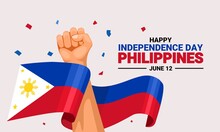 Philippines Independence Day Greeting Card, Design Element Waving Flag As Symbol Of Independence, Vector Illustration.