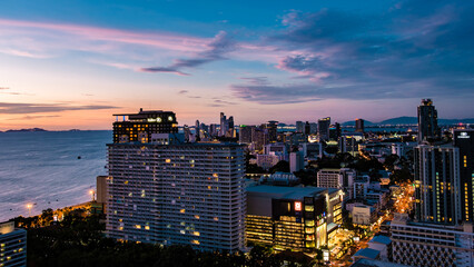 Pattaya Thailand May 2022, sunset Pattaya Thailand skyline of the city with hotels and skyscrapers. 