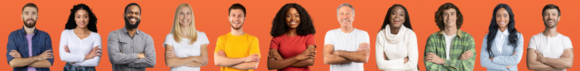 Sticker - International group of people posing on orange, web-banner