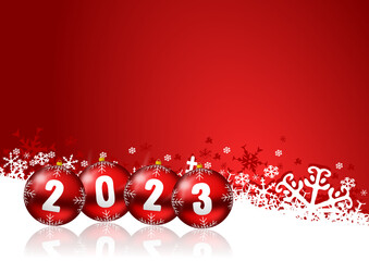Aufkleber - New Years 2023 card with Christmas baubles on red background with snowflakes with empty copy space for your text