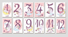 Flat Collection Of Baby Monthly Milestone Cards With Cute Unicorn Cat And Numbers In Pink Color. Birthday Month Stickers For Newborn Kids Girl With Funny Caticorn On Cloud, Rainbow And Moon.