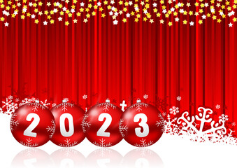 Wall Mural - New Years 2023 card with red Christmas baubles on striped background with snowflakes and stars with empty copy space for your text