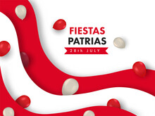 28th July, Fiestas Patrias Concept With Realistic Balloons On Red And White Paper Waves Background.