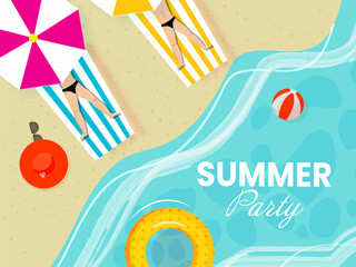 Poster - Summer Party Poster Design With Top View Of Human Lying At Sunbed, Umbrella And Swimming Ring On Beach View Background.