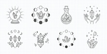 Mystical Moon Crystal, Line Art Vector Logo. Boho Crystal Clipart, Editable Stroke