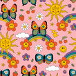 retro  seamless pattern with sun, rainbow, butterfly.