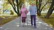 © Andrii Iemelianenko - Active senior elderly couple 80 years old in summer park. Caucasian grandfather man training Nordic walking with ski trekking poles. Grandmother woman is running. Mature retired family sport hobby