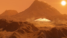 3d Rendering, Massive Ufo Saucer Hovering Over Mountain On Planet Mars, 3d Illustration