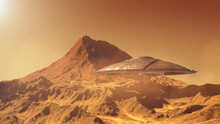 3d Rendering,Flying Saucer Ufo Crashing On Planet Mars Surface, 3d Illustration