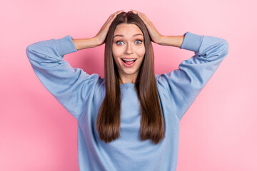 Poster - Portrait of attractive amazed cheerful girl great news reaction incredible isolated over pink pastel color background