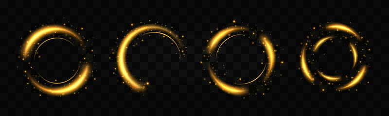 Wall Mural - set of gold light circles with sparkles. light golden twirl. curve light effect of golden line. flas