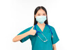 © Png - Video - Photo - Portrait of professional confident young asian female smiling doctor in green scrubs protection flu cold facial mask showing presenting finger to stop talking sign gesture silence and secret concept.