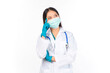 © Png - Video - Photo - portrait asian female doctor with stethoscope in uniform. wearing surgical gloves thinking and pointing fingers copy space, doctor healthcare and doctors concept.