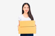 © Png - Video - Photo - Happy cute asian woman smiling and holding package online marketing and delivery Start a small business at home on white background, Delivery shipping service concept.