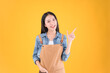 © Png - Video - Photo - pretty asian female smile coffee freelancer own shop ands point up and pose to copy space yellow background.
