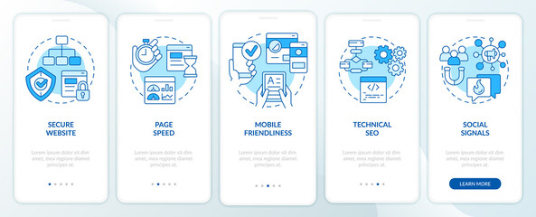 Wall Mural - SEO ranking factors blue onboarding mobile app screen. Walkthrough 5 steps editable graphic instructions with linear concepts. UI, UX, GUI template. Myriad Pro-Bold, Regular fonts used