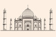 Ancient Indian temple mausoleum of Taj Mahal. Drawing isolated on a beige background.