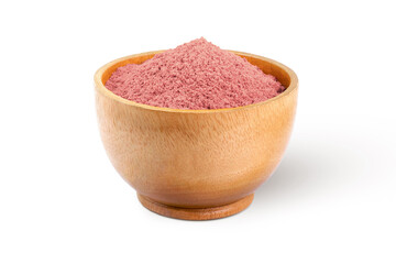 Wall Mural - Strawberry protein powder in wooden bowl isolated on white background. 