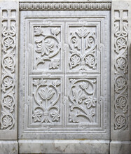 Marble Stone Carving With Geometric, Plant And Bird Motifs. Handmade. Marble Texture. Byzantine Motifs In The Decoration Of Orthodox Churches.
