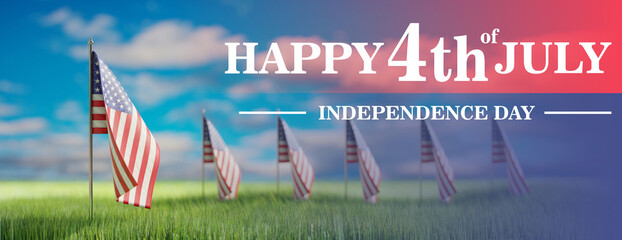 Wall Mural - HAPPY 4th of JULY, Independence day. Text and US America flag on green field. 3d render