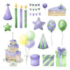 the clip art of the carnival festival of the festive party. Watercolor set - cake, gifts, balloon, candles, garlands