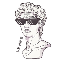 Greek statue. Plaster head with meme pixel glasses. Deal with it - lettering quote. Marble David bust for posters, postcards, t-shirt prints. Vector hand drawn style illustration.