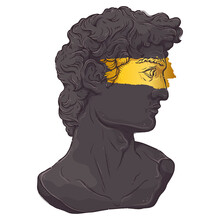 Greek statue. Black plaster head with gold paint. Marble David bust for posters, postcards, t-shirt prints. Vector hand drawn style illustration.