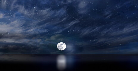 Wall Mural - full moon on dark blue starry sky milky way galaxy nebula nature landscape