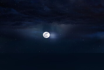 Wall Mural - full moon on dark blue starry sky milky way galaxy nebula nature landscape
