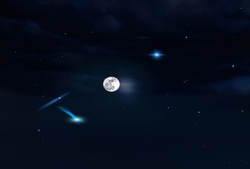Wall Mural - full moon on dark blue starry sky milky way galaxy nebula nature landscape