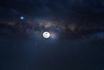 Wall Mural - full moon on dark blue starry sky milky way galaxy nebula nature landscape