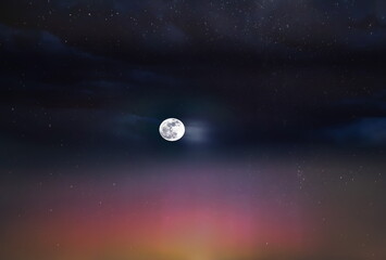 Wall Mural - full moon on dark blue starry sky milky way galaxy nebula nature landscape