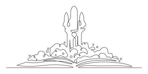 One line drawing of rocket spaceship and book graduation for dream,imagination,creativity conceptual. Continuous line art vector illustration