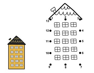 Canvas Print - Dot to dot game for kids. Connect the dots and draw a house worksheet. Learning rectangle shape activity page. Vector illustration