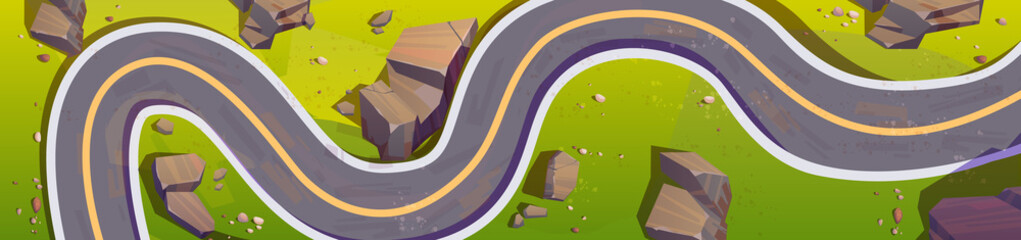 Top view of mountain serpentine, winding car road. Vector cartoon horizontal illustration of aerial panoramic view of summer landscape with curve asphalt highway, stones and green grass