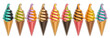 Vector Ice Cream Set, lot collection of 9 cut out different illustrations of realistic refreshing ice creams, horizontal banner with italian fruit icecreams in waffle cones in row on white background