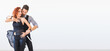 © satura_ - Banner social dance, bachata, kizomba, salsa, tango concept - Close up portrait of woman man dressed in beautiful outfits over white background copy space