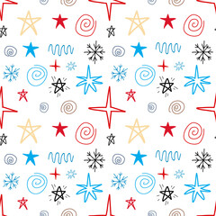 Creative vector illustration of seamless pattern with chaotic stars of different sizes on white background