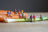 Fototapeta Most - Miniature figurine character: people sitting on carrots and spring onions, and some standing on wooden floor, concept of fresh organic vegetables for good health in the market, selected focus