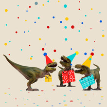 Contemporary Art Collage. Creative Colorful Design With Three Dinosaurs With Presents Having Celebration
